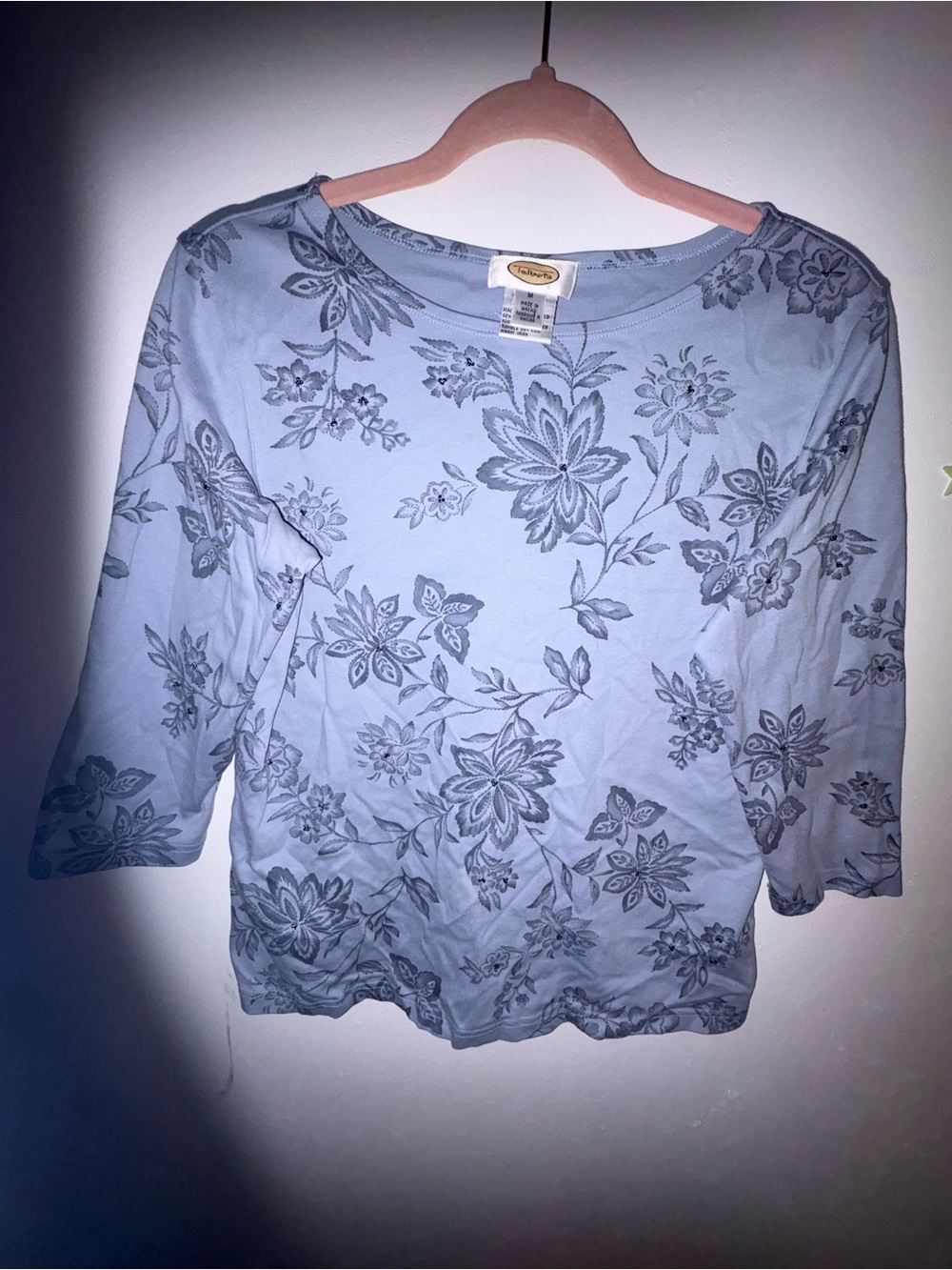 Talbots Light Blue Floral Scoop Neck Long Sleeve Top